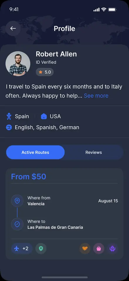 Traveler profile in the Tips4trips app, dark theme: verified ID, 5.0 rating, active route Valencia to Las Palmas